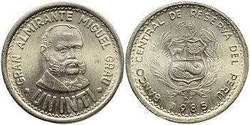 Перу 1 инти 1985 LIMA, Мигель Грау KM 296 медно-никель UNC 176-921