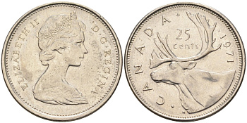 Канада 25 центов 1971 Елизавета II (1952-2022), олень KM 62 b никель 4577-357