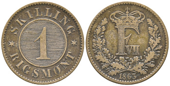 ДАНИЯ 1 СКИЛЛИНГ РИГСМОНТ 1863 ФРЕДЕРИК VII (1848-1863) KM 763 (С135) бронза 34-533