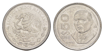 Мексика 50 песо 1988 Mo, новый тип, гурт гладкий KM 495a нержавеющая сталь aUNC 4637-746