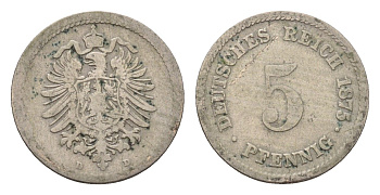 Германия 5 пфеннигов 1875 D, Вильгельм I (1871-1888) KM 3, J. 3 медно-никель 4632-614
