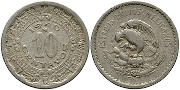 МЕКСИКА 10 СЕНТАВО 1940 Мо KM 132 медно-никель 119-116