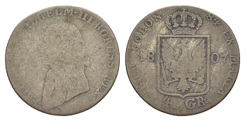 Пруссия 4 гроша 1807 A, Фридрих Вильгельм III (1797-1840) KM 370 серебро 4619-132