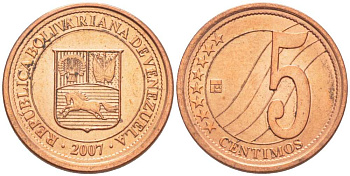 Венесуэла 5 сентимо 2007 KM 88 сталь плакированная медью 217-744
