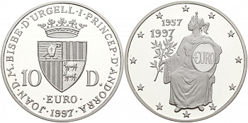Андорра 10 динеров 1997 40 лет Римскому договору KM 130 серебро PROOF 11-039-44