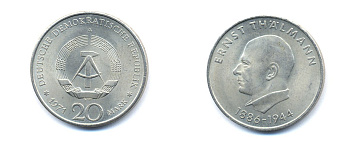 ГДР 20 марок 1971 A, 85 лет со дня рождения Эрнста Тельмана KM 34, J. 1535 медно-никель 3333-613