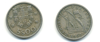 ПОРТУГАЛИЯ 5 ЭСКУДО 1967 ПАРУСНИК KM 591 медно-никель 176-213