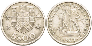 ПОРТУГАЛИЯ 5 ЭСКУДО 1967 ПАРУСНИК KM 591 медно-никель 4513-1042