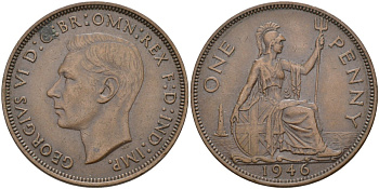Великобритания 1 пенни 1946 Георг VI (1936-1952) KM 845, Spink 4114 бронза 4593-441