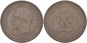 ФРАНЦИЯ 10 САНТИМОВ 1854 BB, НАПОЛЕОН III (1852-1870) KM 771.3, LE FRANC 133.12 бронза 38-1024