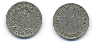 ГЕРМАНИЯ 10 ПФЕННИГОВ 1908 A KM 12, J. 13 медно-никель 58-335