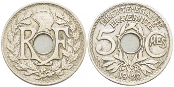 Франция 5 сантимов 1920 2 грамма KM 875 медно-никель 1515-343