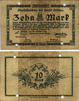 ГЕРМАНИЯ 10 МАРОК 1918 28 ОКТЯБРЯ 1918, АЛЬТОНА (ОДИН ИЗ СЕМИ РАЙОНОВ ГОРОДА ГАМБУРГА), НОТГЕЛЬД бумага 444-146-2