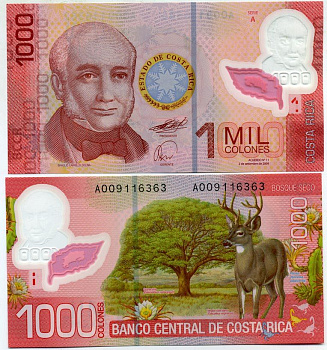 Коста-Рика 1000 колонов 2009 Браулио Каррильо Колина, дерево Гуанакаста, белохвостый олень Pick 274 a пластик UNC (пресс) 447-46-1