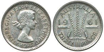 Австралия 3 пенса 1961 m, Елизавета II (1952-2022) KM 57 серебро 71-814