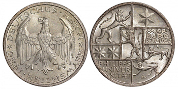 Германия 3 марки 1927 A, 400 лет Университету Марбурга J. 330, KM 53 серебро 00-812-06