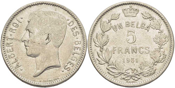БЕЛЬГИЯ 5 ФРАНКОВ 1931 АЛЬБЕРТ I, DES BELGES KM 97.1 никель 3851-142