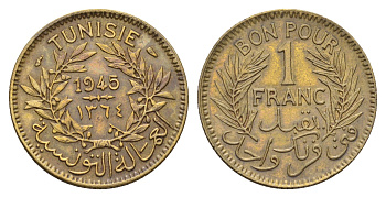 Тунис 1 франк 1945 KM 247 алюминиевая бронза 4671-252