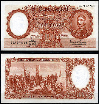Аргентина 100 песо ND (1954-1968) серия Е 06727, Генерал Сан Мартин, картина "Основание Буэнос-Айреса" Pick 272 (8)  бумага  аUNC  447-68-2