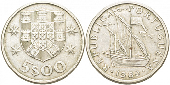 ПОРТУГАЛИЯ 5 ЭСКУДО 1980 ПАРУСНИК KM 591 медно-никель 77-413