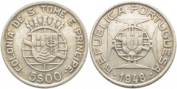 Португальское Сан-Томе и Принсипи 5 эскудо 1948 KM 6 серебро 413-2042