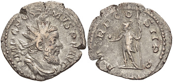 Римская Империя (императоры в Галлии) антониниан 261 Постум. IMP C POSTVMVS P F AVG / P M TR P COS II P P, император в военном доспехе, держит копье и сферу, Августа Треверов, Good Very fine RIC 54 биллон 1073-12-34