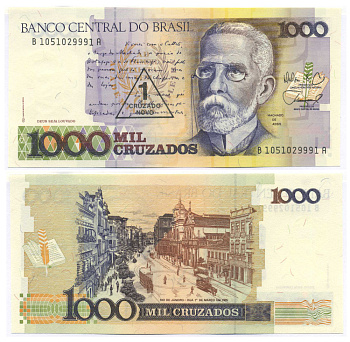БРАЗИЛИЯ 1 КРУЗАДО 1989 СЕРИЯ В 1051, НАДПЕЧАТКА НА 1000 КРУЗАДО, МАЧАДО ДЕ АССИС Pick 216b бумага UNC (ПРЕСС) 8595-35-1-1
