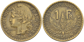 Французский Камерун 1 франк 1924 (а), монетный двор Париж KM 2 алюминиевая бронза 23-226