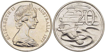 АВСТРАЛИЯ 20 ЦЕНТОВ 1977 ЕЛИЗАВЕТА II, МОЛОДОЙ ПОРТРЕТ, УТКОНОС KM 66 медно-никель 38-716