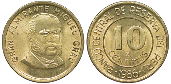 Перу 10 сентимо 1986 Мигель Грау Семинарио KM 293 латунь aUNC 4189-722