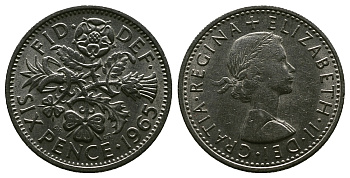 Великобритания 6 пенсов 1965 Елизавета II (1952-2022) KM 903, Spink 4149 медно-никель 4381-841