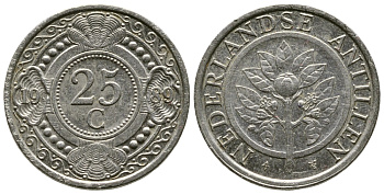 Нидерландские Антилы 25 центов 1989 Беатрикс (1980-2013) KM 35 никелированная сталь 220-438