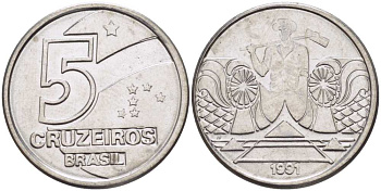 Бразилия 5 крузейро 1990 фермер KM 618.1 нержавеющая сталь 3851-1237