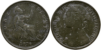 Великобритания 1 пенни 1876 Н, Виктория (1837-1901) KM 755, Spink 3955 бронза 4178-1121