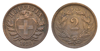 Швейцария 2 раппена 1920 B, редкий год KM 4 бронза 1518-814