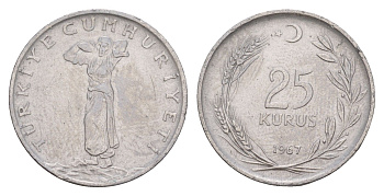 Турция 25 курушей 1967 KM 892.3 нержавеющая сталь 4654-346