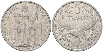 Французская Новая Каледония 5 франков 1994 птица кагу, (IEOM) KM 16, Schoen 12, Lec 81 алюминий 189-141