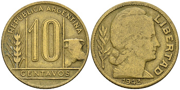 Аргентина 10 сентаво 1943 голова Свободы вправо KM 41 алюминиевая бронза 4608-329
