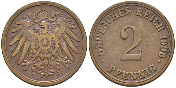 ГЕРМАНИЯ 2 ПФЕННИГА 1906 A KM 16, J. 11, Weege 4 медь 206-524