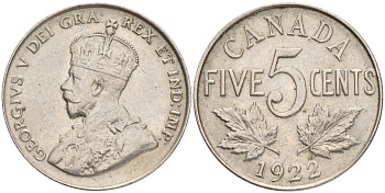 Канада 5 центов 1922 Георг V (1910-1936) KM 29 никель aUNC 4556-1023