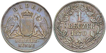 Баден 1 крейцер 1870 Великий Герцог Фридрих I (1856-1907) КМ 242 медь 117-842