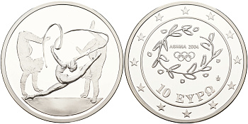 Греция 10 евро 2003 XXVIII летние Олимпийские игры 2004 года в Афинах, художественная гимнастика KM 199 серебро PROOF 11-236-13