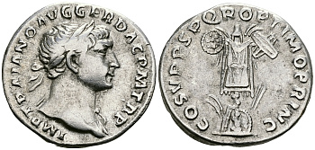 Римская Империя денарий 103 - 111 Траян COS V PP SPQR OPTIMO PRINC трофей Рим Very fine RIC 147a серебро 1073-4-4-7