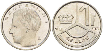 БЕЛЬГИЯ 1 ФРАНК 1993 BELGIE, БОДУЭН I (1951-1993) KM 171 железо плакированное никелем 3851-1143