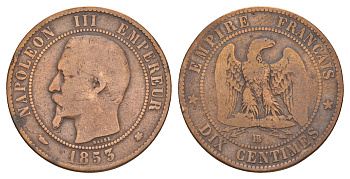 Франция 10 сантимов 1853 BB, Наполеон III (1852-1870) KM 771.3, Le Franc 133/4 бронза 4657-543