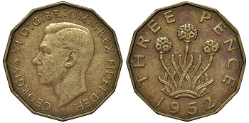 Великобритания 3 пенса 1952 Георг VI (1936-1952), второй выпуск KM 873, Spink 4113 никель латунь 4122-923