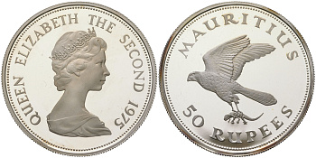 Маврикий 50 рупий 1975 Охрана окружающей среды - Маврикийская пустельга KM 41a серебро PROOF 00-00
