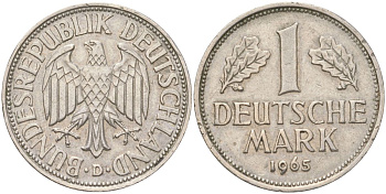 ФРГ 1 марка 1965 D KM 110 медно-никель 4143-111