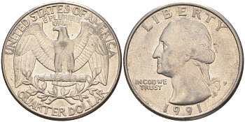 США 25 ЦЕНТОВ = КВОТЕР 1991 P, ВАШИНГТОН KM A164a медь плакированная медно-никелем 4114-931