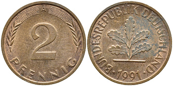 ФРГ 2 ПФЕННИГА 1991 A KM 106a, J.381a сталь плакированная сталь плакированная медьюю 4392-1041